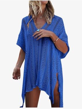 Royal Blue Crochet V‑Neck Swim Coverup Tunic